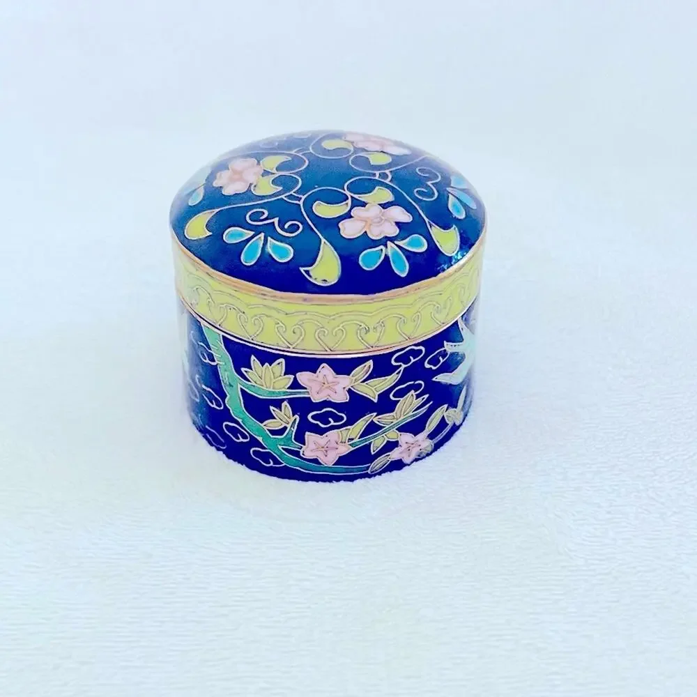 Vtg Mid-Century Cloisonné Floral Bird Trinket Pill Box Ring Holder Jewelry